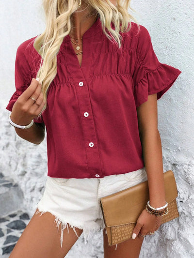 Women Button Solid Cotton Linen Blouses Summer 2025 Fashion Stand Up Short Sleeve Shirts Casual V-Neck Ruffles Office Lady Tops