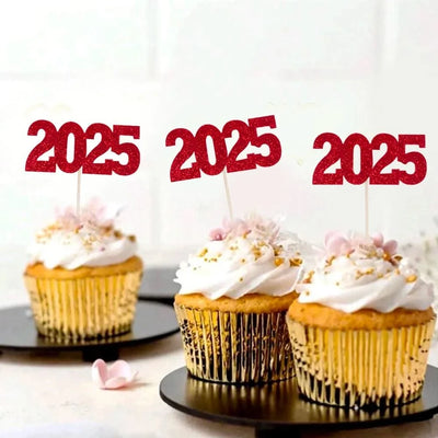 12pc Glitter 2025 Number Cupcake Toppers Happy New Year Party Cake Decoration Christmas Graduation Party Cake Toppers Home Items