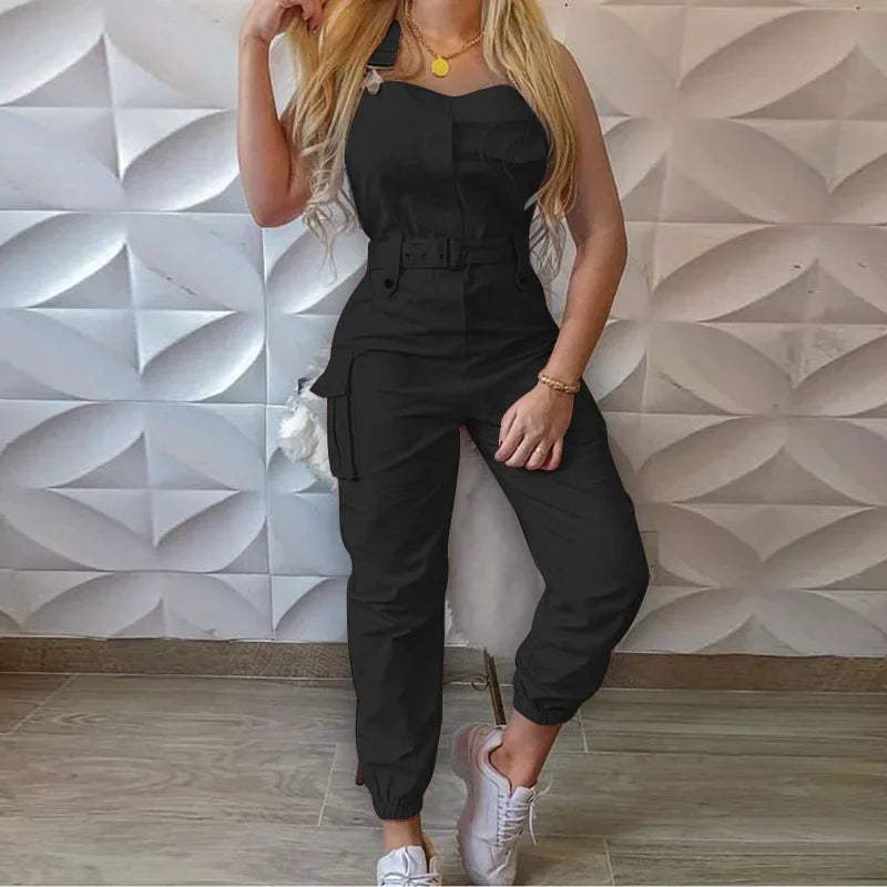 Women's Workwear Jumpsuits Summer Casual Simple Sleeveless Strap High Waist with Belt Fashion Solid Female Bound Feet Jumpsuits