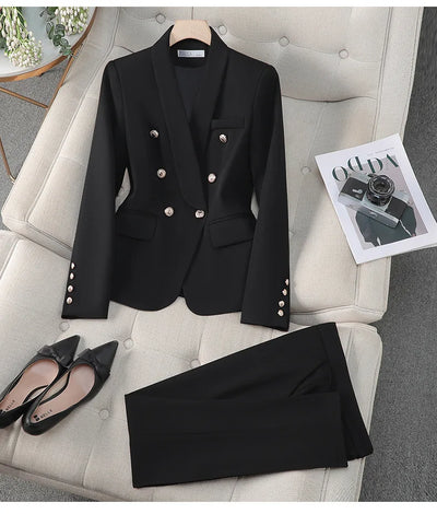 High Quality Suit Office Casual Two Piece Set Spring Autumn Women Double Breasted Blazers+Straight Zipper Trousers Women Outfit