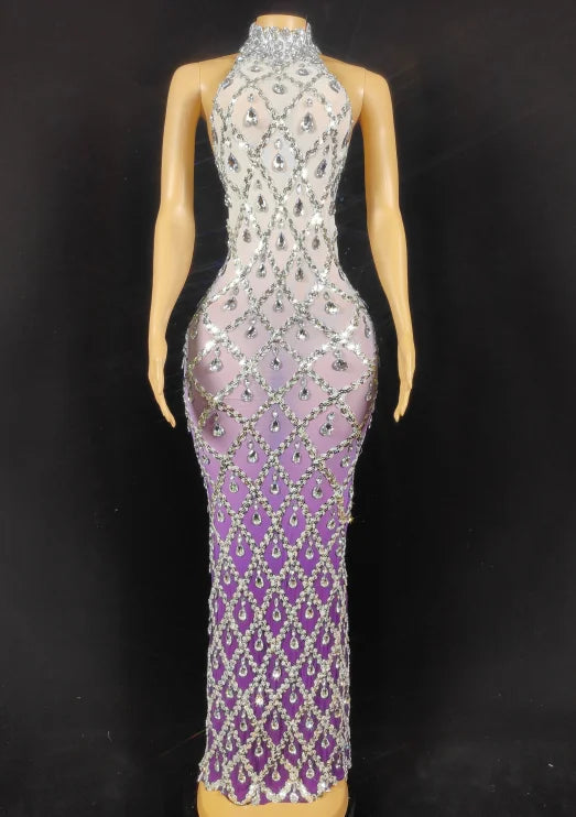 Women Sexy Stage Shining Rhinestone Sequins Dress Evening Prom Birthday Dress Transparent Performance Singer Club Host Dress