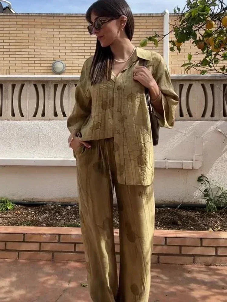 Women's Jacquard Oversized Shirt Trousers Short Sleeves Suit Lapel Shirt High Waist Elastic Straight Leg Pants Chic Female Set