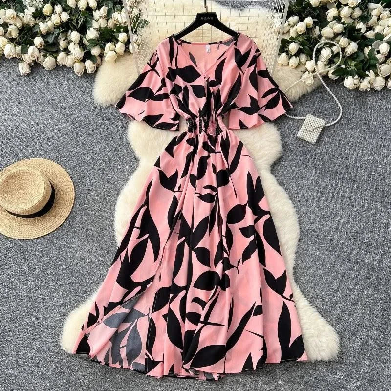 Summer Beach Women Floral Party Dress Summer New Maxi Long Dress Elegant Casual Leaf Printed Hem Dress Vestidos Female