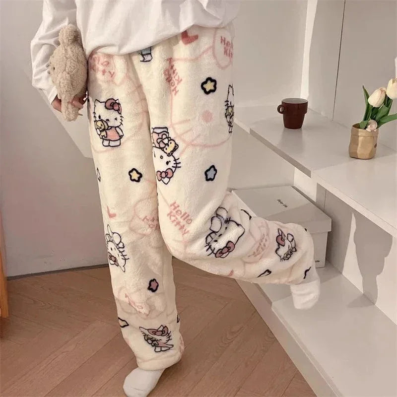 Thicken Hello Kitty Pajama Pants Sanrio Anime Fleece Double Elastic Fabric Soft Trousers Women Trousers Cartoon Birthday Gift