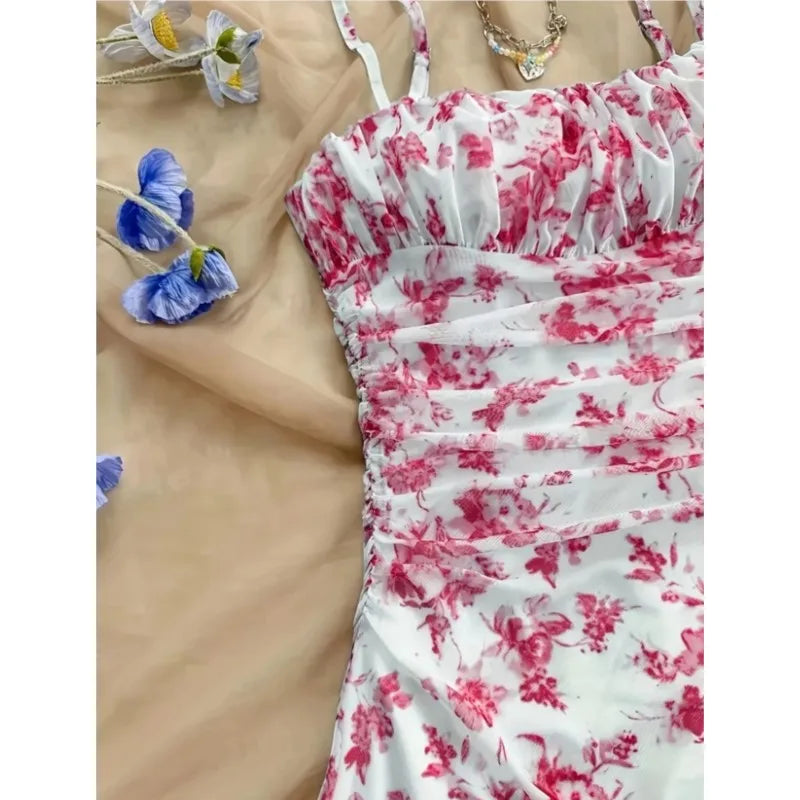 Women's Summer Elegant Floral Mini Dresses Fashion Fold High Waist Slim A-Line Dress Lady Sexy Backless Spaghetti Strap Sundress