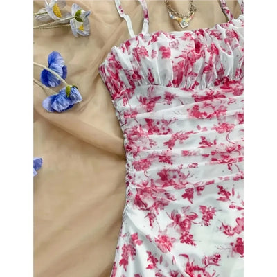 Women's Summer Elegant Floral Mini Dresses Fashion Fold High Waist Slim A-Line Dress Lady Sexy Backless Spaghetti Strap Sundress