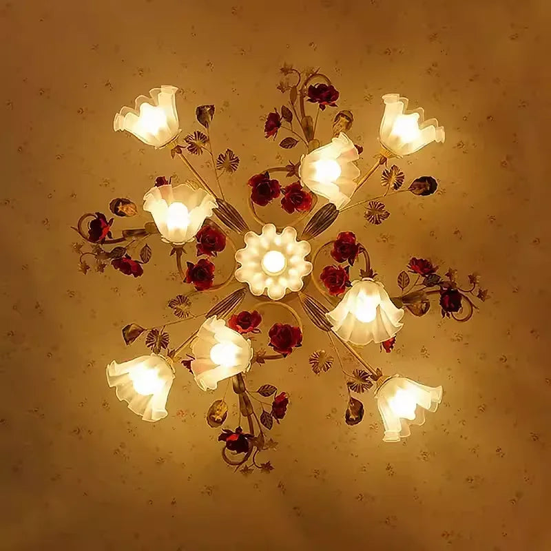 Home Decor Pastoral Retro LED Ceiling Lamp Warm Romantic Flower Chandeliers Fixtures for Living Room Bedroom Lighting Luminaire