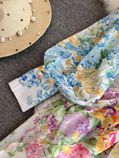 Bohemian Floral Chiffon Summer Dresses for Women 2024 Runway Stand Collar Lantern Sleeve Beach Holiday Long Vestidos Boho Robe