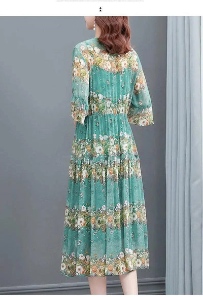 Women's floral print summer dress, new long dress for luxury middle-aged women