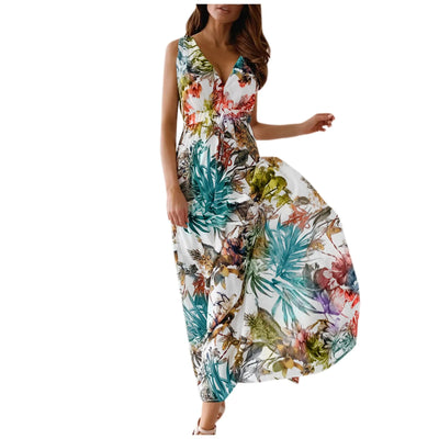 dresses for women Summer dress Casual Print Bandage Elastic Waist V-Neck Sleeveless sexy long Dresses vestidos verano moda 2024