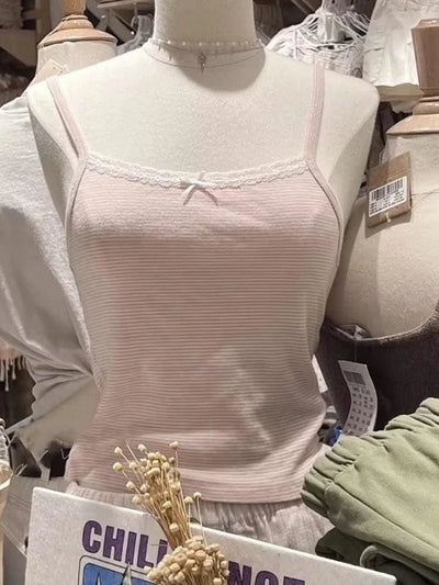 Women Pink Striped Bow Ornament Slim Camis Lace Edge Sleeveless Tops