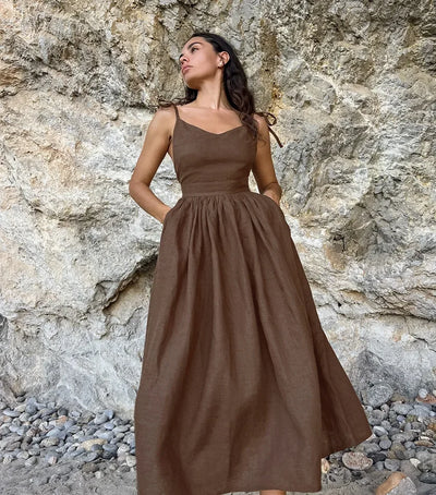 Cotton Linen Solid Color Spaghetti Strap Dresses Women Fashion Leace-up V-neck Backless Beach Vacation Long Dress Female New