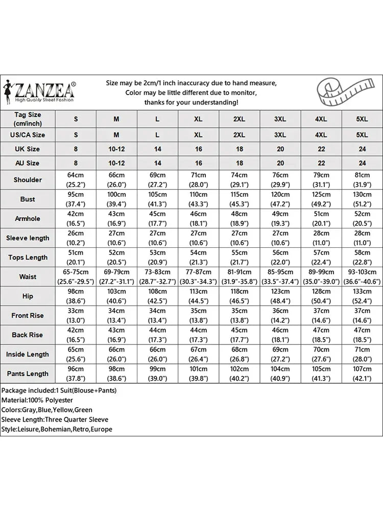 2PCS Fashion Women Tracksuits ZANZEA Spring Pant Sets 3/4 Sleeve Blouse Wide Leg Trousers Suit Casual Outfit Print Matching Set