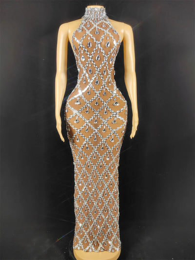 Women Sexy Stage Shining Rhinestone Sequins Dress Evening Prom Birthday Dress Transparent Performance Singer Club Host Dress