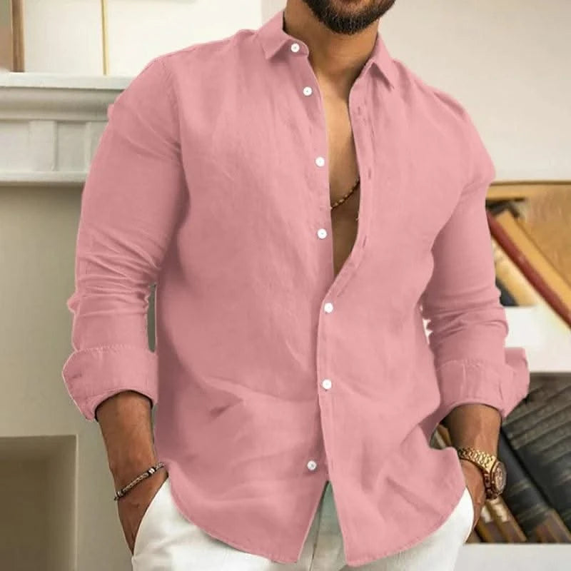 Men's Linen Shirt Summer Shirt Beachwear Button Casual Shirt Black White Pink Long Sleeve Solid Color Lapel Spring Summer 6XL