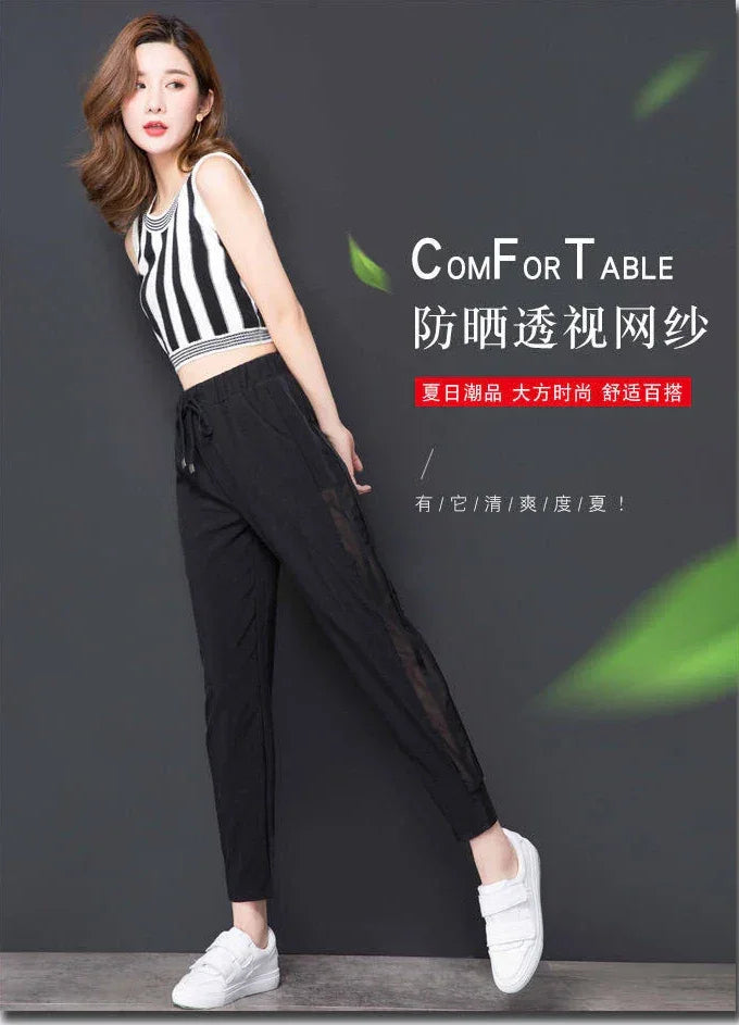 Ice Silk Summer Sweat Home Sports Pants for Women Joggers Jogging Black Cropped Trousers Harem Sarouel Sweatpants Ripped Fashion