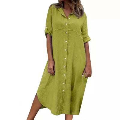 Women Dress Summer Single-breasted Half Sleeves Turn-down Collar Loose Solid Color Buttons Commute Midi Dress Female Vestidos