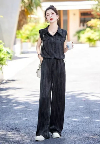 Wear To Work Shirt Ladies Trouser Black Women's Blouse and Pants Two Piece Set Professional Wide Leg Office Baggy Stripe Outfit