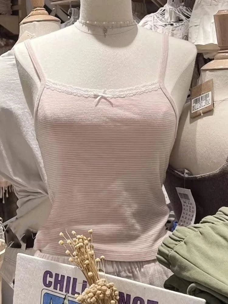 Women Pink Striped Bow Ornament Slim Camis Lace Edge Sleeveless Tops