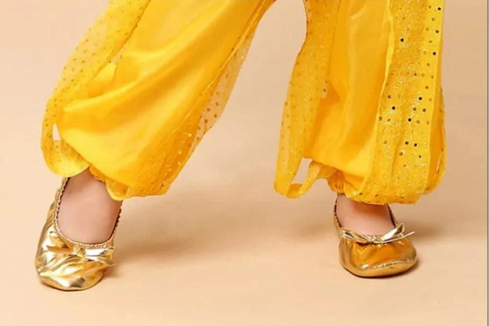 Professional Bowknot Belly Dancing Shoes Golden Foldable Indian Dance Shoes Leather Soft Ballerina Flats Children