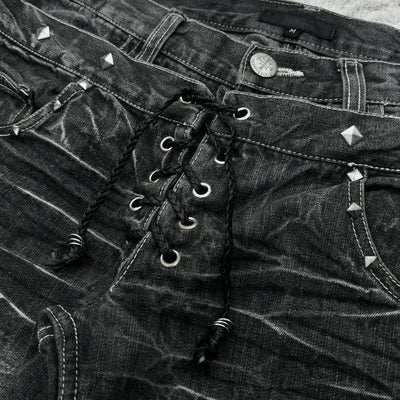Fashionable high street double waisted lace up micro flared women jeans Y2K retro Harajuku washed design for men and women jeans