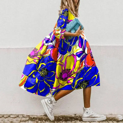 Women's Summer New Mid Sleeve Round Neck Fashionable Printed Bohemian Seven Sleeve Casual Loose Dress For Women