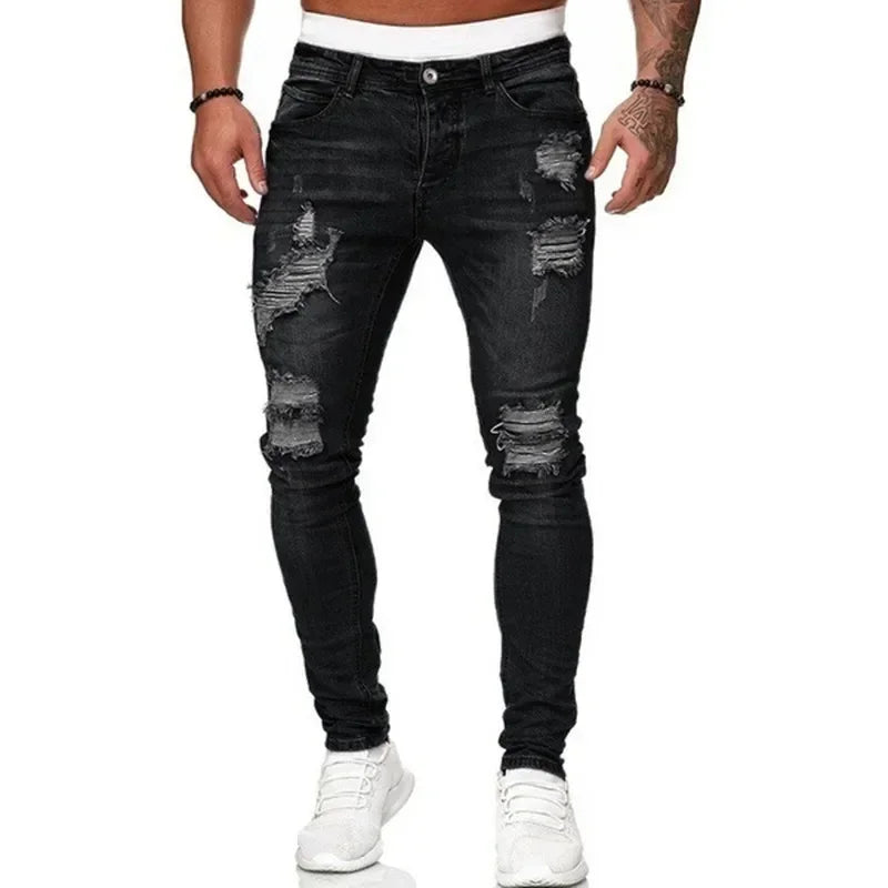 Men's Ripped Slim Fit Jeans Skinny Pencil Casual Denim Trouser Male Vintage Wash Solid Denim Pants Hot Sale Fashion Streetwear