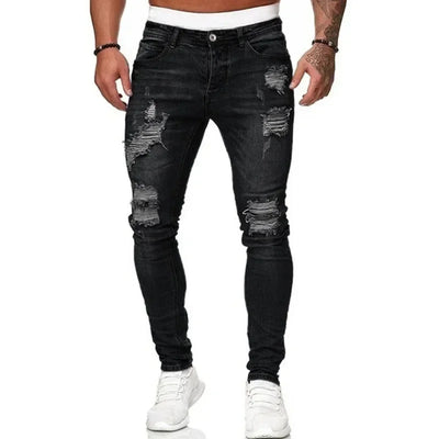 Men's Ripped Slim Fit Jeans Skinny Pencil Casual Denim Trouser Male Vintage Wash Solid Denim Pants Hot Sale Fashion Streetwear