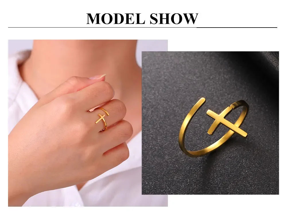 Cazador Christian Cross Open Rings for Women Stainless Steel Christian Jewelry Adjustable Finger Rings Birthday Valentine Gift