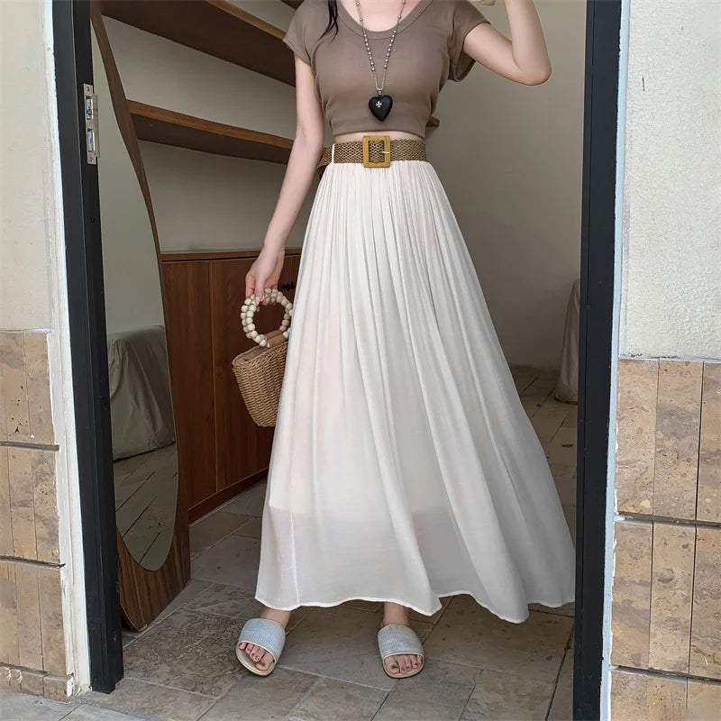 2025 New High Waisted Cotton Linen Pleated Midi Skirt – Summer Flowy A-Line Maxi Skirt for Women, Breathable & Elegant