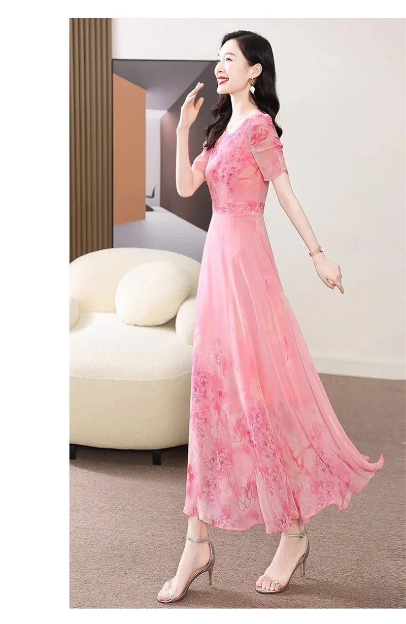 Women's Summer Dress 2025 New Fashion Printed Pink Chiffon Dress O-neck Short Sleeved Long Party Dresses Elegant Women Vestidos