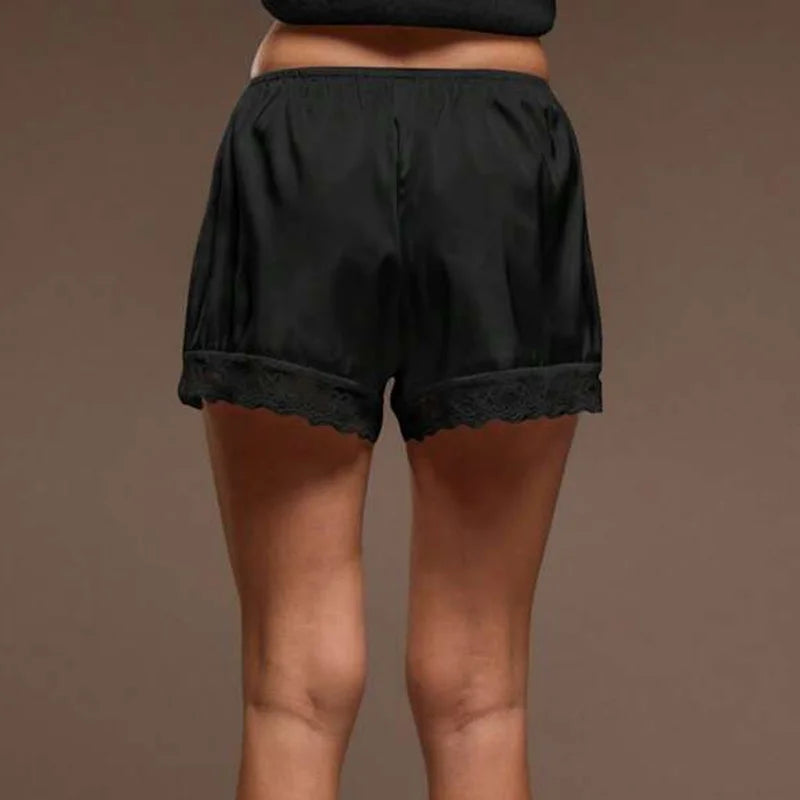 Women Cozy Satin Lounge Shorts Elastic Waist Lace Patchwork Loose Pajamas Shorts Sleepwear