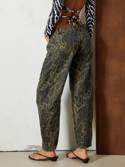 Leopard Barrel Jeans Women Cheetah Print Baggy Boyfriend Jeans Pants Vintage Mid Rise Wide Leg Denim Tapered Jeans