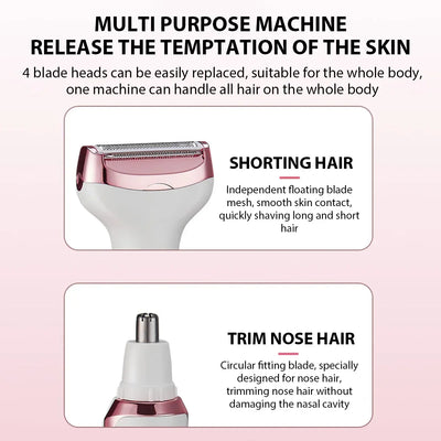 4in1 Electric Epilator Lady Shaver Body Arm Leg Hair Removal Device Painless Cordless Eyebrow Trimmer Women Razor USB Charging