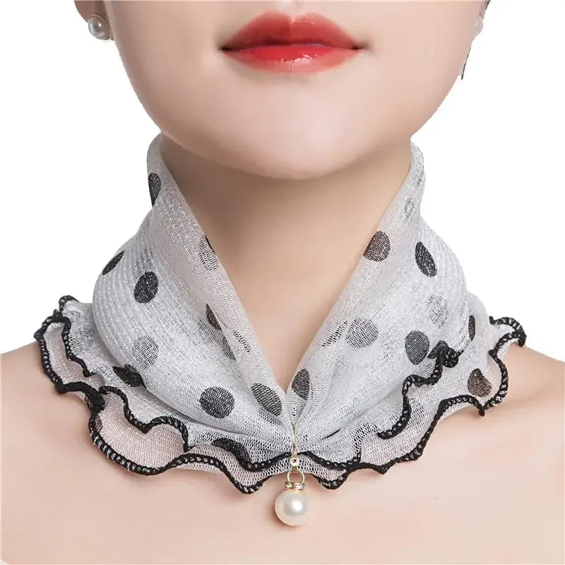 Women Ruffle Lace Scarf Pearl Pendant Chiffon Scarves Shiny Headscarf Thin High Elasticity Neck Wrap Organza Neck Collar Scarf