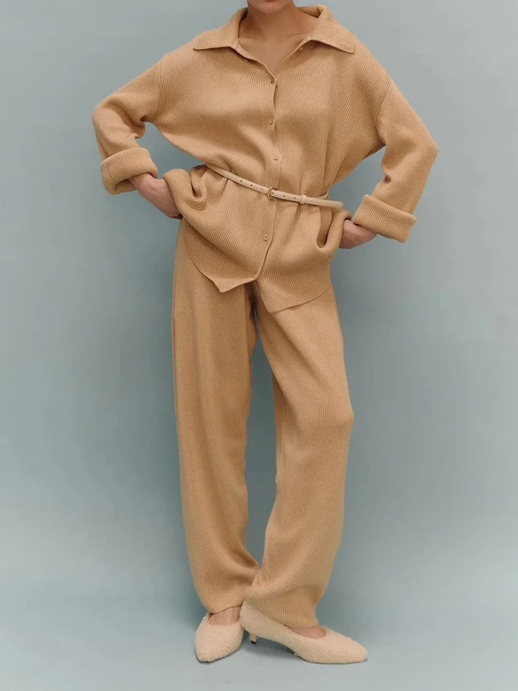2025 Autumn Street Outfits Knitted Cardigan Pants Sets Women Single Breasted Lapel Sweater High Waist Wide Leg Trousers Suit