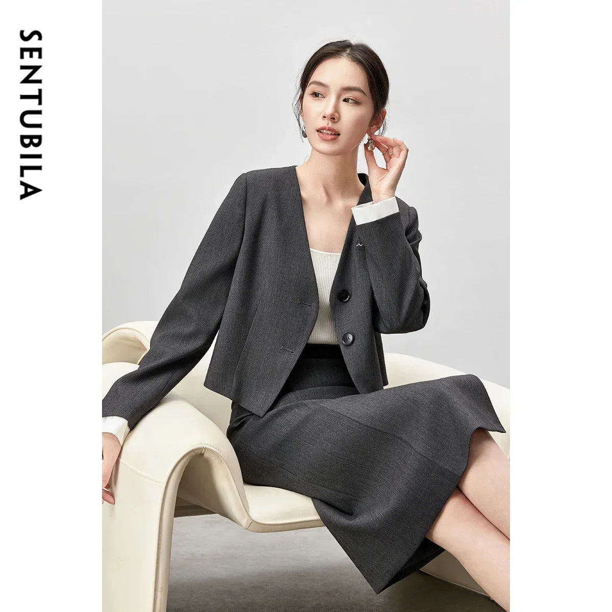 SENTUBILA Two Piece Skirt Sets Women Outfits 2025 Spring Office Ladies V Neck Grey Blazer Jackets Straight Slit Skirt 143Z56241