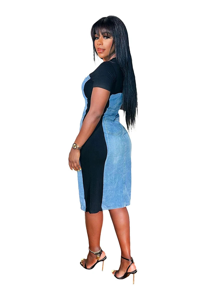 Cool Summer Dresses for Women Faux Denim Print Straight Loose Dress O-neck Knee Length Casual Elegant and Chic Dress Ladies