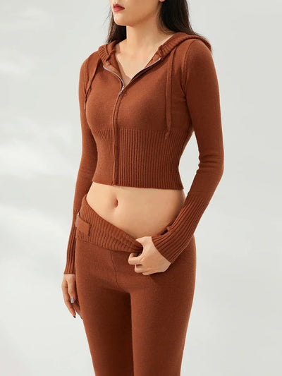 Women Tracksuit  Knit Lounge Set Long Sleeve Zip Up Hoodie with High Waist Wide Leg Pant 2 Piece Sweater Ensemble Casual Set