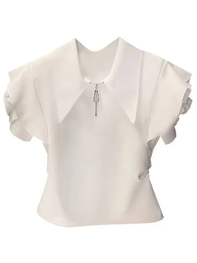 2025 Shirts for Women Ruffles Turn Down Collar Tshirt Fashion Temperament Party Zipper Y2K Tops Korean Summer White Pleated Tees
