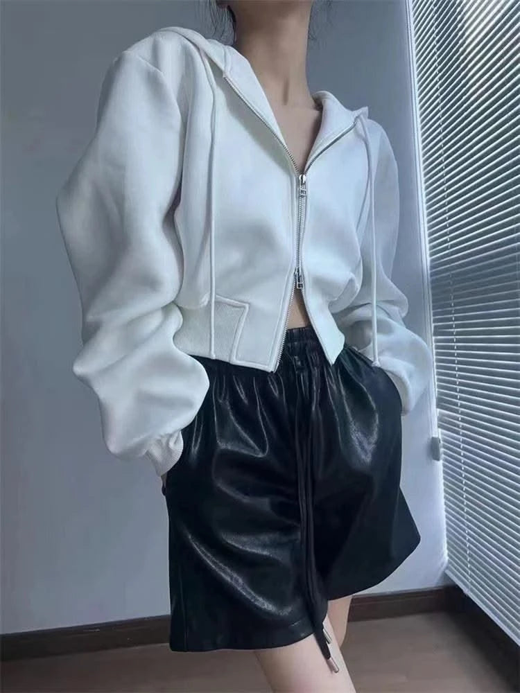Casual Short Hooded Sweatshirt Women Zip Up Hoodies Mujer Solid Harajuku Long Sleeve Slim fit Crop Top Female Jackets Coat