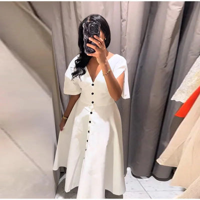 Women's Dress 2025 Summer Autumn New White Short Sleeve Buttons V Neck Midi Dress Casual Fashion Personality Versatile Vestidos