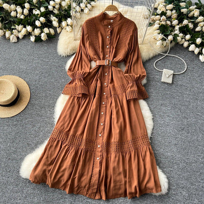 Retro Elegant Summer Stand Collar Flare Sleeve Single Breasted Lace Spliced Dress A-line French Evening Party Women Dresses