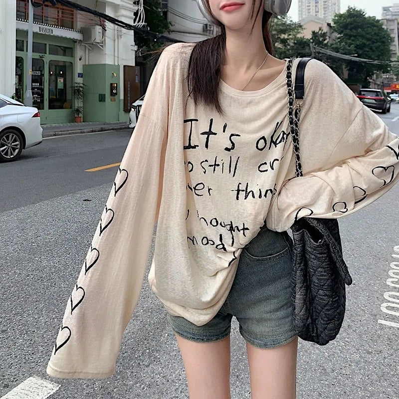 Women T-shirts Retro Letter Printed T-shirts Girls Casual Daily Long Sleeve Tops Lady Korean Fashion Baggy Clothes