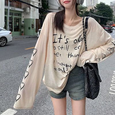 Women T-shirts Retro Letter Printed T-shirts Girls Casual Daily Long Sleeve Tops Lady Korean Fashion Baggy Clothes