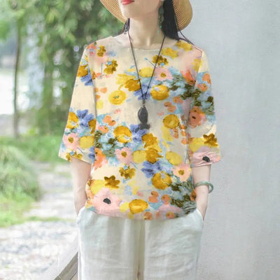 ZANZEA Women Cotton Linen Blouses 2024 Summer Bohemian Floral Printed Blusas Fashion 3/4 Sleeve O-Neck Top Casual Loose Shirts