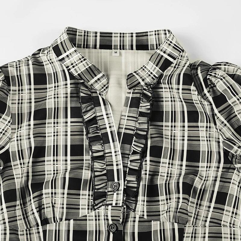 French Chic Ruffles Elegant Women T-Shirts Simple Fashion Slim Fit All-Match Plaid V-Neck Blouses