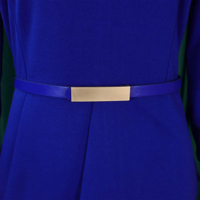 Dress Office Wear for Women Professional Skew Collar Three Quarter Sleeve Belt Waisted Sheath Package Hips Mid Calf Formal Dress