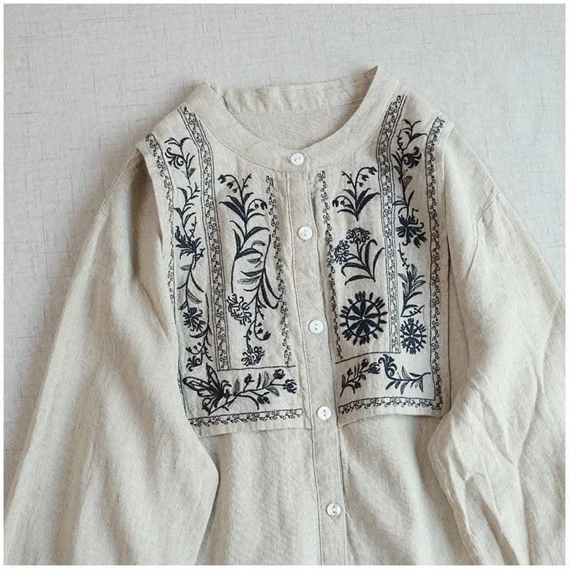 Cotton Linen Floral Embroidery Blouses Shirts For Women Tops Loose Oversize Lantern Long Sleeve Casual Boho Beach Summer Blusas
