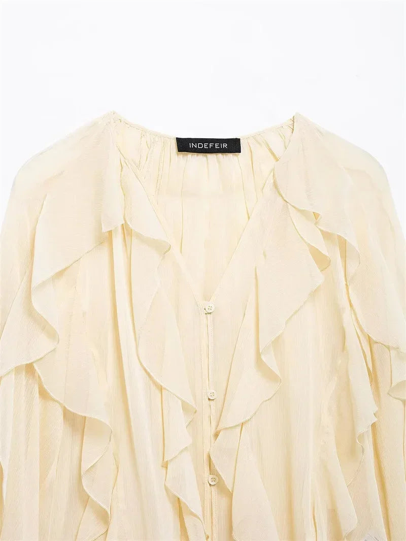 Ruffles Elegant Shirts & Blouses for Women 2025 Long Sleeve Semi-Transparent Tops For Women Spring Shirt And Blouse Top